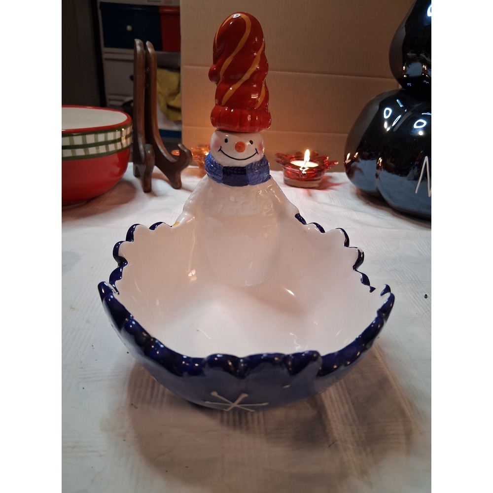 Boston Warehouse Snowman Ceramic Dip Bowl & 3 Holiday Spreaders Blue White